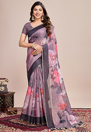 Digital Printed Linen Saree in Purple