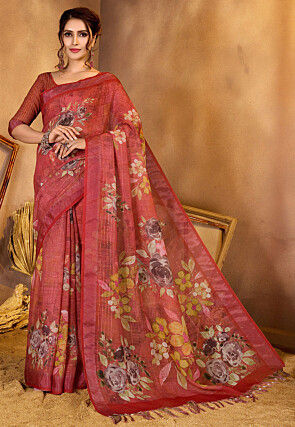 Digital Printed Linen Saree in Red