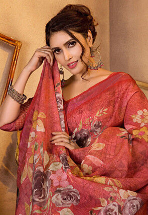 Digital Printed Linen Saree in Red