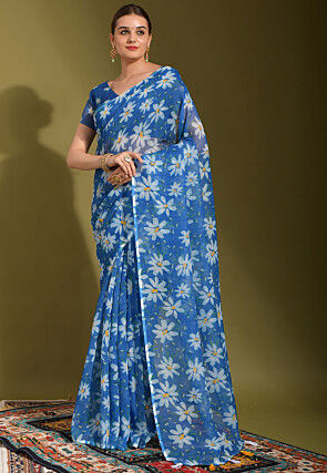 Digital Printed Linen Saree in Royal Blue