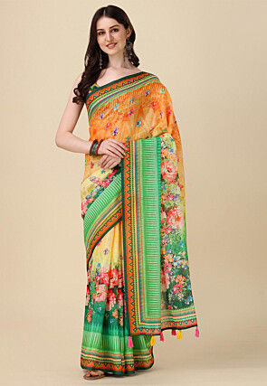 Digital Printed Linen Saree in Shaded Orange and Green