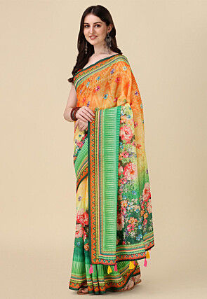 Digital Printed Linen Saree in Shaded Orange and Green