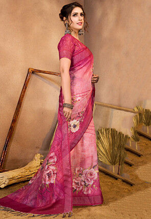 Digital Printed Linen Saree in Shaded Pink