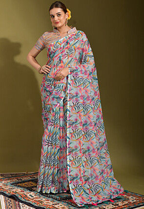 Digital Printed Linen Saree in Sky Blue and Multicolor