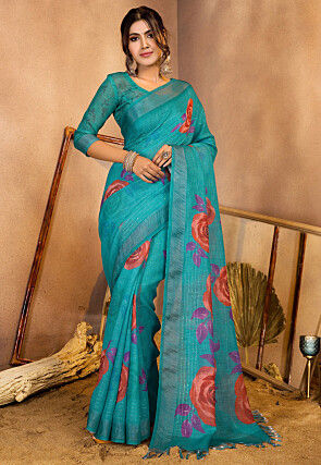 Digital Printed Linen Saree in Teal Blue