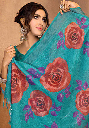Digital Printed Linen Saree in Teal Blue