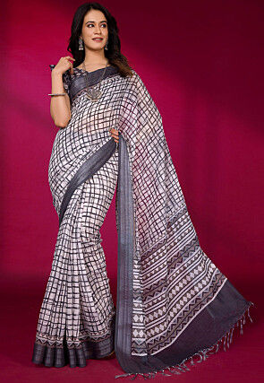 Digital Printed Linen Saree in White and Black