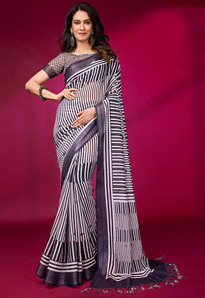 Digital Printed Linen Saree in White and Grey