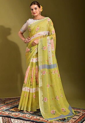 Digital Printed Linen Saree in Lemon Yellow