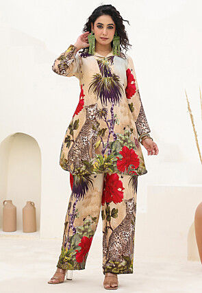 Digital Printed Linen Satin Tunic Set in Beige