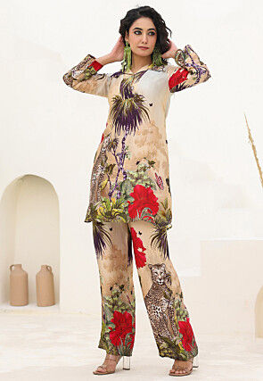 Digital Printed Linen Satin Tunic Set in Beige