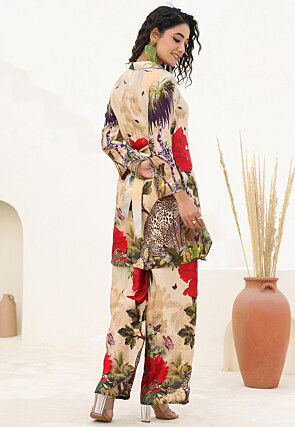 Digital Printed Linen Satin Tunic Set in Beige