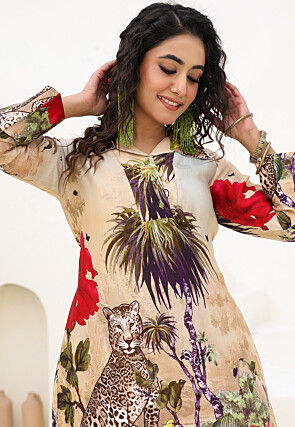 Digital Printed Linen Satin Tunic Set in Beige