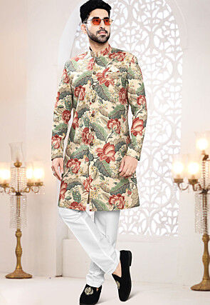 Digital Printed Linen Sherwani in Beige