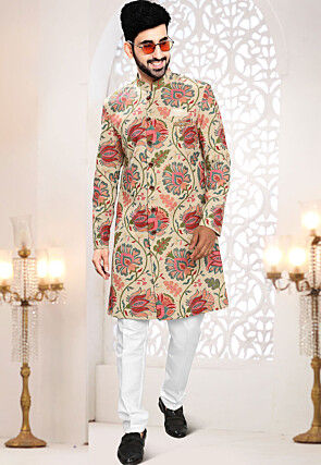 Digital Printed Linen Sherwani in Beige