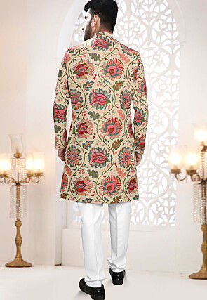 Digital Printed Linen Sherwani in Beige