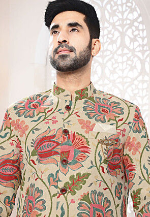 Digital Printed Linen Sherwani in Beige
