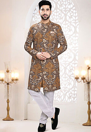 Digital Printed Linen Sherwani in Brown