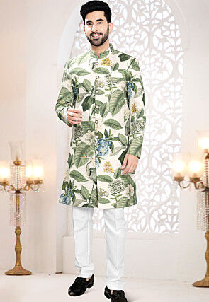 Digital Printed Linen Sherwani in Cream