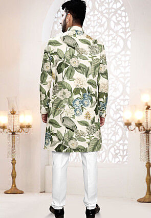 Digital Printed Linen Sherwani in Cream