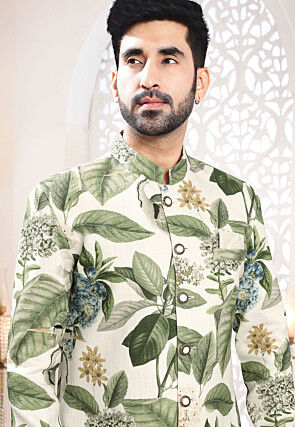 Digital Printed Linen Sherwani in Cream