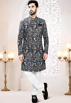 Digital Printed Linen Sherwani in Navy Blue