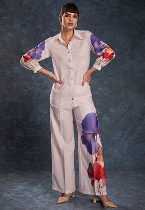 Digital Printed Linen Shirt Set in Peach