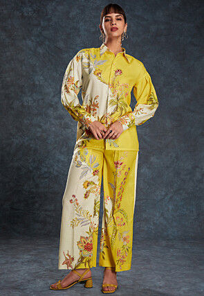 Digital Printed Linen Shirt Set in Yellow and Cream
