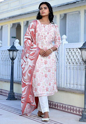 Digital Printed Linen Silk Pakistani Suit in Off White
