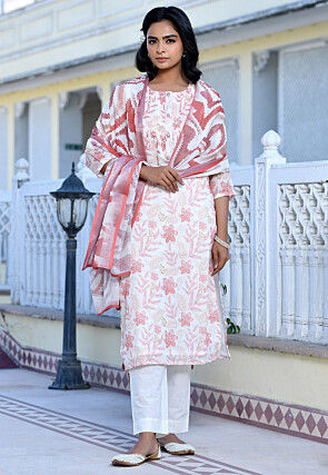 Digital Printed Linen Silk Pakistani Suit in Off White