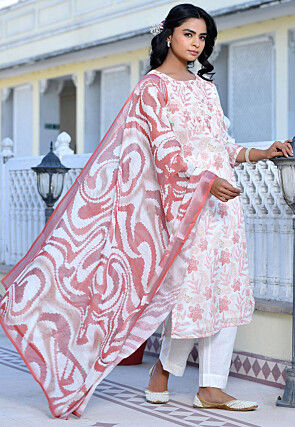 Digital Printed Linen Silk Pakistani Suit in Off White