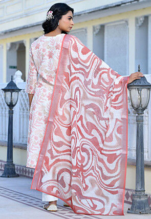 Digital Printed Linen Silk Pakistani Suit in Off White