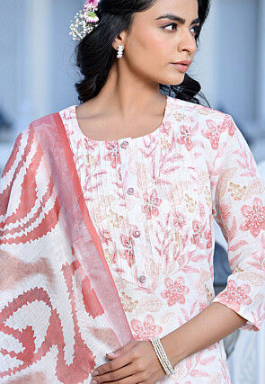 Digital Printed Linen Silk Pakistani Suit in Off White