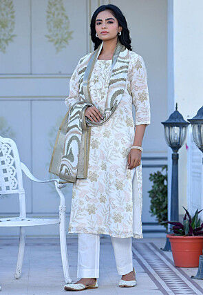 Digital Printed Linen Silk Pakistani Suit in Off White