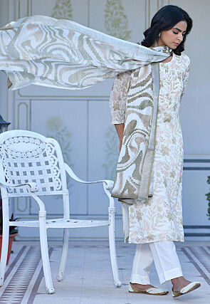 Digital Printed Linen Silk Pakistani Suit in Off White