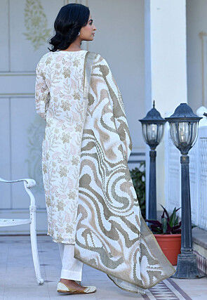 Digital Printed Linen Silk Pakistani Suit in Off White