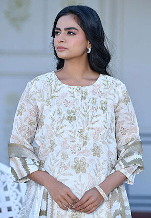 Digital Printed Linen Silk Pakistani Suit in Off White