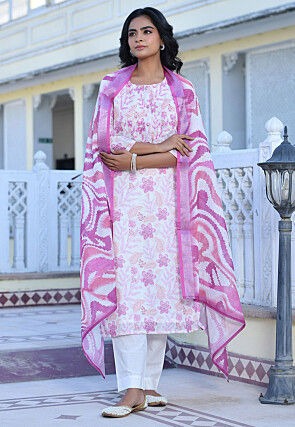 Digital Printed Linen Silk Pakistani Suit in Off White