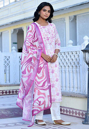 Digital Printed Linen Silk Pakistani Suit in Off White