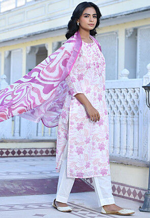 Digital Printed Linen Silk Pakistani Suit in Off White