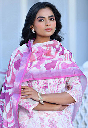 Digital Printed Linen Silk Pakistani Suit in Off White