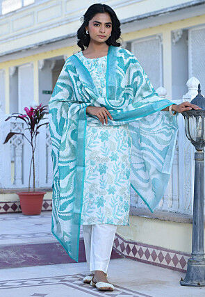 Digital Printed Linen Silk Pakistani Suit in Off White