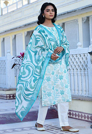 Digital Printed Linen Silk Pakistani Suit in Off White