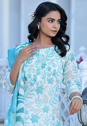 Digital Printed Linen Silk Pakistani Suit in Off White
