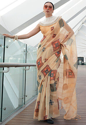 Digital Printed Linen Silk Saree in Beige