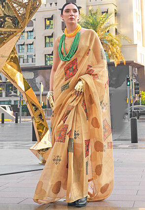 Digital Printed Linen Silk Saree in Beige