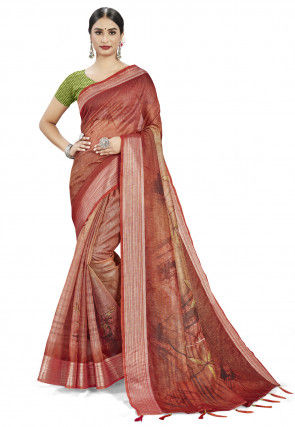 Digital Printed Linen Silk Saree in Brown