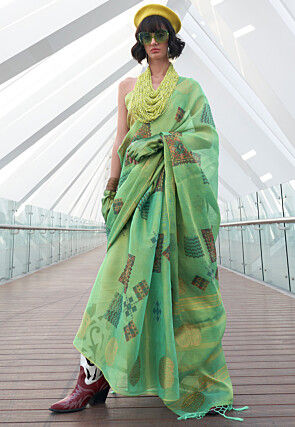 Digital Printed Linen Silk Saree in Light Green