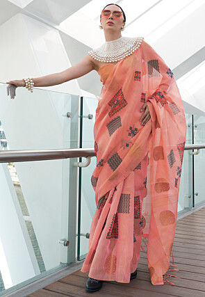 Digital Printed Linen Silk Saree in Peach