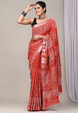Digital Printed Linen Silk Saree in Rust